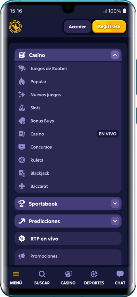 Captura de pantalla de la aplicación móvil Roobet para dispositivos Android
