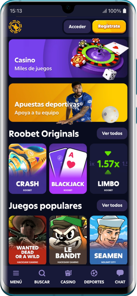 Captura de pantalla de la aplicación móvil Roobet para dispositivos Android