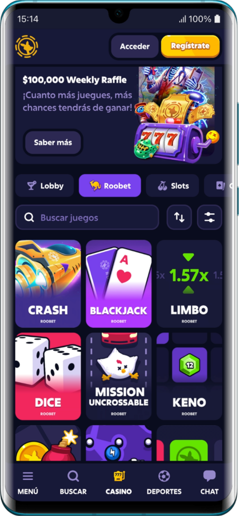 Captura de pantalla de la aplicación móvil Roobet para dispositivos Android